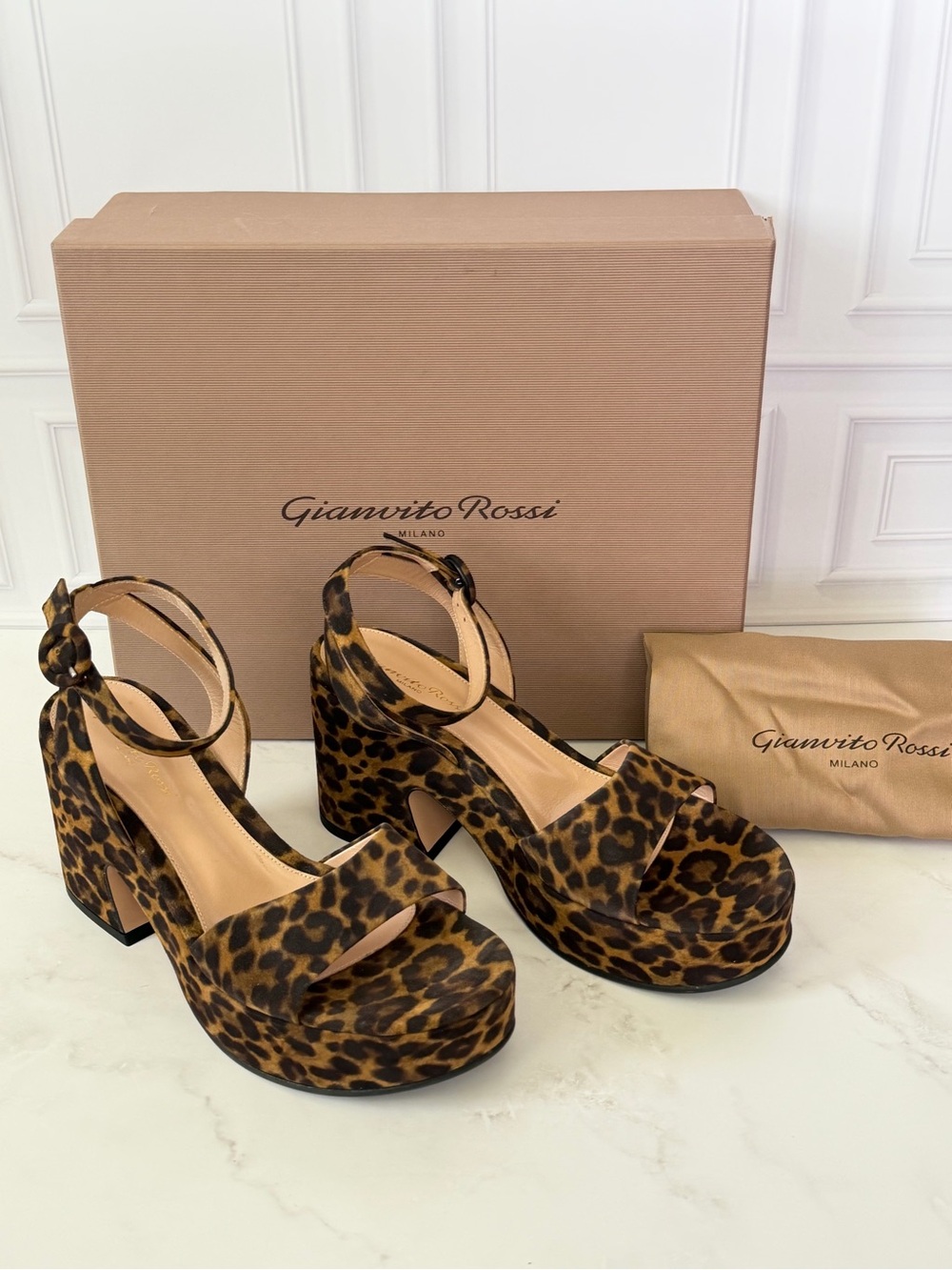 Gianvito Rossi Alma Leopard Print Platform Sandals Ankle Strap Block Heel EU 38